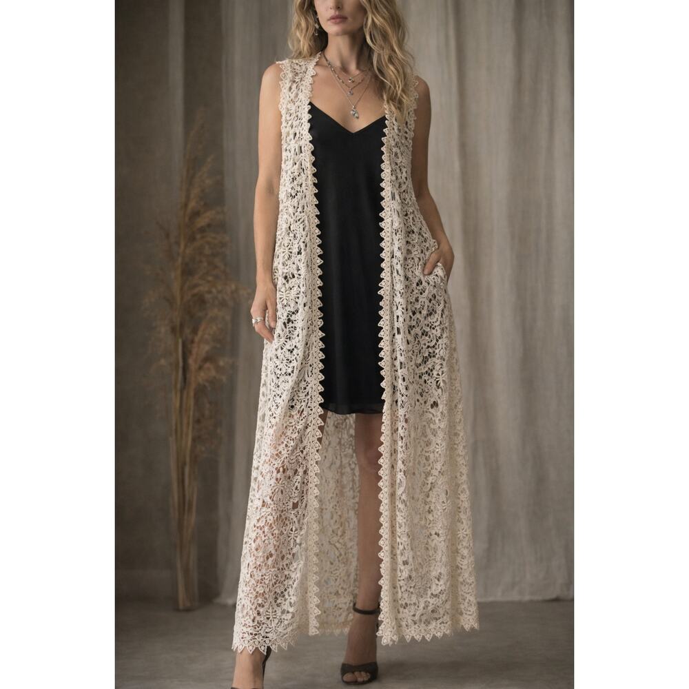 Chase Holland | Vintage Ivory Crochet Lace Long Vest Sheer Openwork Duster M/L
